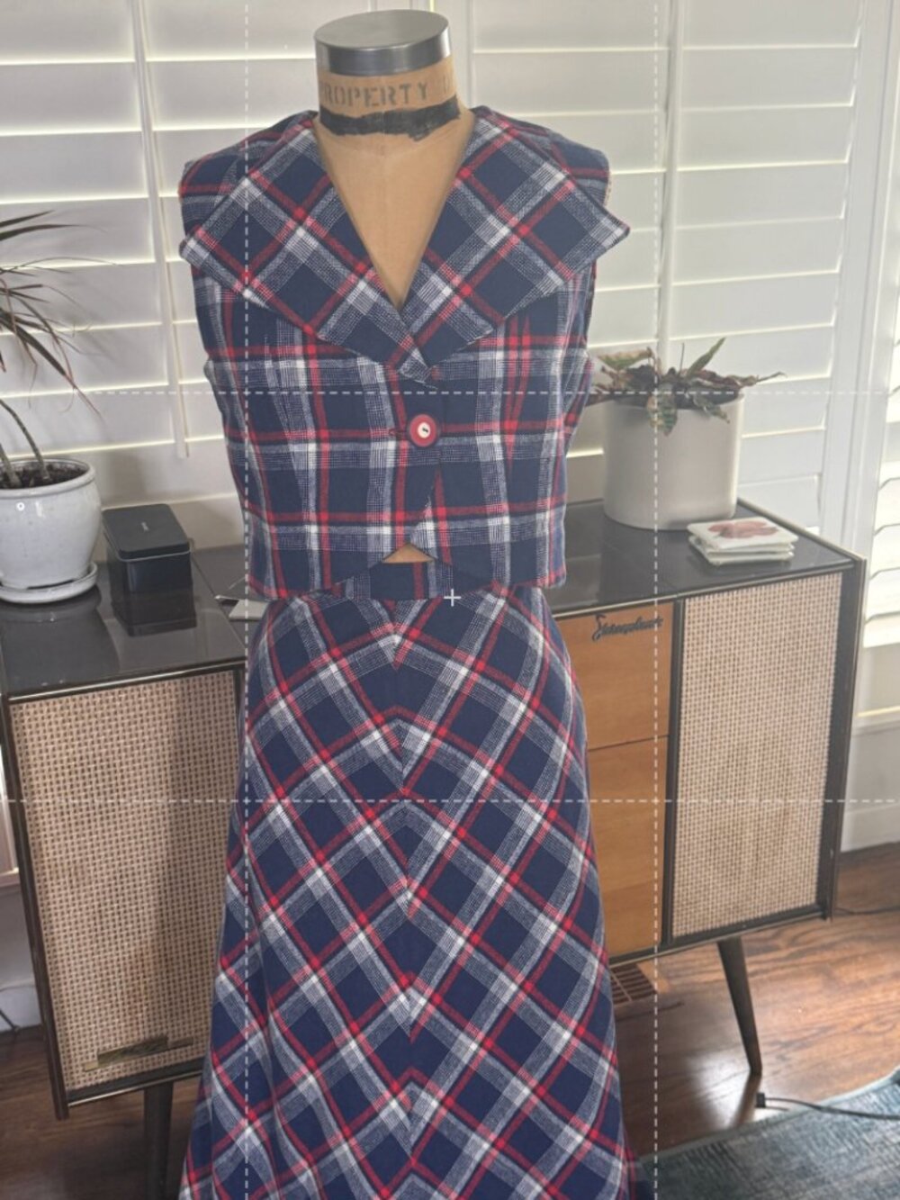 Vintage 70s Handmade Navy Red Plaid Crop Vest Maxi Skirt Set 2PC Bias Cut XS/S